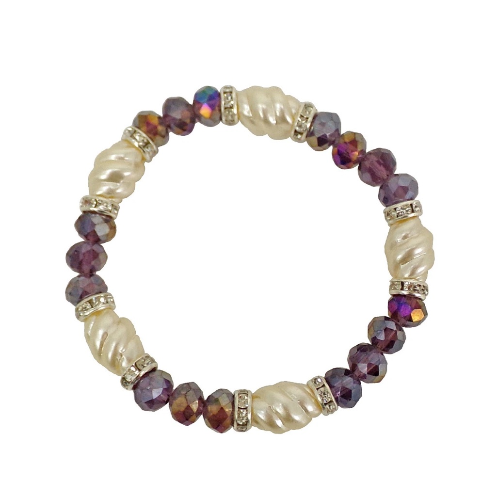 Purple And White Beaded Stretch Bracelet With Glass Swirl Beads And Crystals New